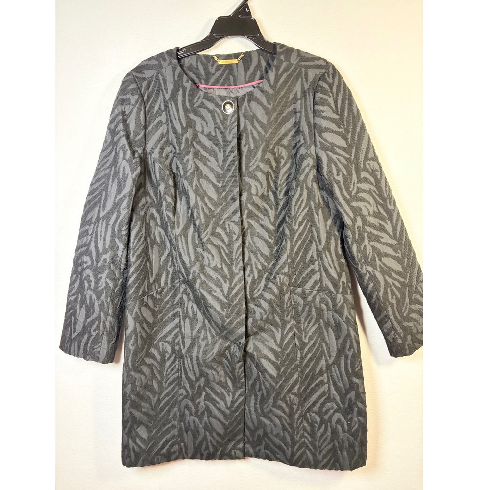VTG Dana Buchman Jacket Women L Black EUC Jacquard Zebra Print Longline Coat